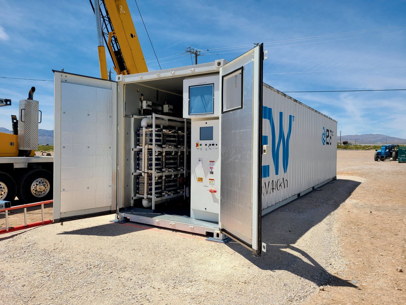 Grid-scale battery container being installed
